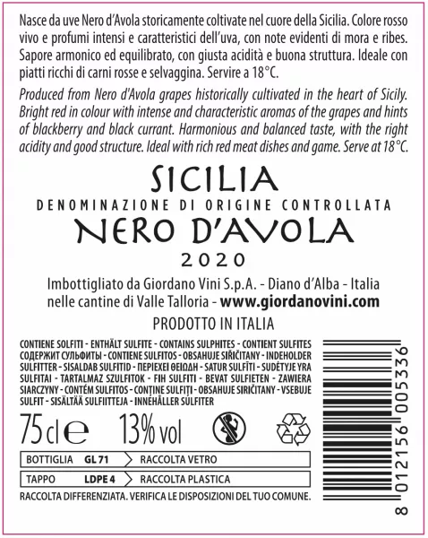 Giordano doc Vini Sicilia | d\'Avola | Vins Nero